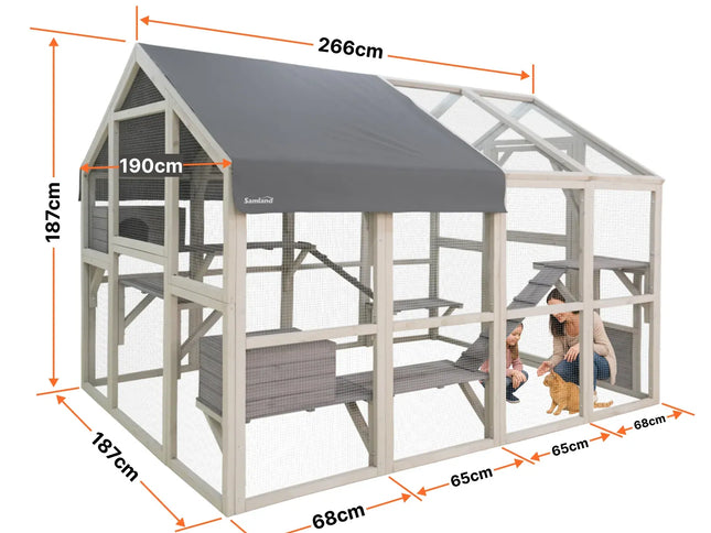 Samland Large Wooden Outdoor Cat House Catio with Platforms, Ramps, Cozy Houses and Weatherproof Roof