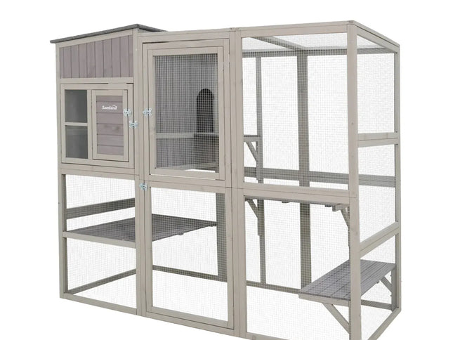 Samland Large Indoor & Outdoor Wooden Cat Enclosure with Sleeping House & Climbing Platforms