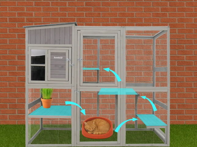 Samland Large Indoor & Outdoor Wooden Cat Enclosure with Sleeping House & Climbing Platforms