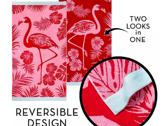 Renee Taylor 2 Pack Jacquard Velour Large Beach Towel 100 x 180 cms Pink Flamingo