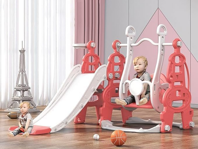 Kids Slide Swing Set Outdoor Toys Playground Activity Basketball Hoop-Pink