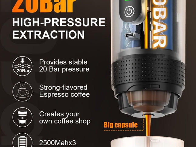 BALCK Upgraded Portable Coffee Maker with Temperature and Power Display, USB-C Charging, Self-Heating & Cold Brew Functions, Compatible with Coffee Capsules/Ground Coffee. Perfect Espresso Machine for Home, Office,