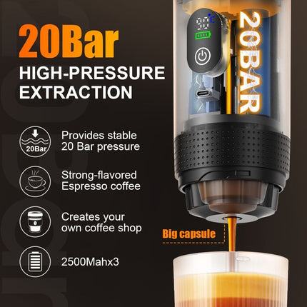 (grey )Upgraded Portable Coffee Maker with Temperature and Power Display, USB-C Charging, Self-Heating & Cold Brew Functions, Compatible with Coffee Capsules/Ground Coffee. Perfect Espresso Machine for Home, Office, Travel, RV, and Camping. Ideal for Offi
