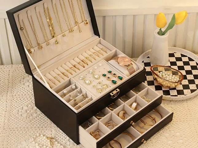 Black  High-end Jewelry Storage Box for Necklaces, Earrings, Ear Studs, Bracelets, Rings, Exquisite Accessories, Gold, and Jewelry – Large Capacity, Ideal as a Gift for Mother’s Day, Father’s Day, Teacher’s Day, Halloween, Thanksgiving, and Christmas.