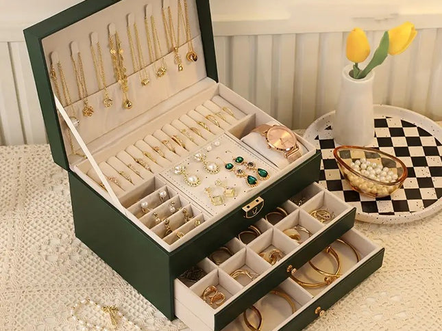 Green  High-end Jewelry Storage Box for Necklaces, Earrings, Ear Studs, Bracelets, Rings, Exquisite Accessories, Gold, and Jewelry – Large Capacity, Ideal as a Gift for Mother’s Day, Father’s Day, Teacher’s Day, Halloween, Thanksgiving, and Christmas.