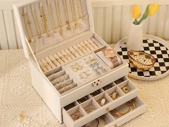 White High-end Jewelry Storage Box for Necklaces, Earrings, Ear Studs, Bracelets, Rings, Exquisite Accessories, Gold, and Jewelry – Large Capacity, Ideal as a Gift for Mother’s Day, Father’s Day, Teacher’s Day, Halloween, Thanksgiving, and Christmas.