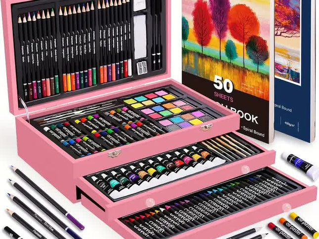175-Piece Art Set with 2 Drawing Boards & Wooden Case ‚Äì Pink