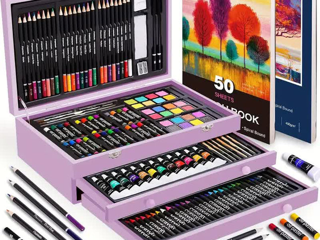 Purple 175-Piece Deluxe Art Set with 2 Drawing Boards, Wax Crayons, Acrylic Paints, Colored Pencils, Wooden Storage Case – Professional Painting Kit, Art Supplies, Ideal Gift for Christmas, Halloween, and Back-to-School Season