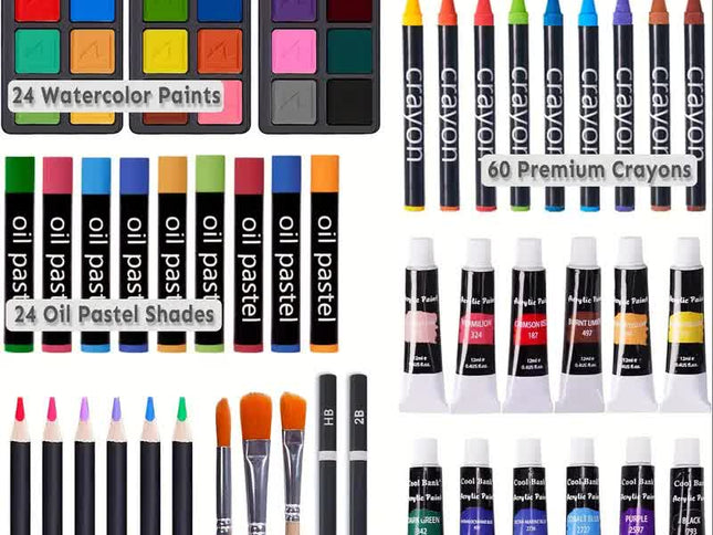 Purple 175-Piece Deluxe Art Set with 2 Drawing Boards, Wax Crayons, Acrylic Paints, Colored Pencils, Wooden Storage Case – Professional Painting Kit, Art Supplies, Ideal Gift for Christmas, Halloween, and Back-to-School Season