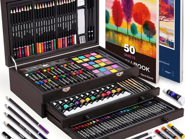 Black 175-Piece Deluxe Art Set with 2 Drawing Boards, Wax Crayons, Acrylic Paints, Colored Pencils, Wooden Storage Case – Professional Painting Kit, Art Supplies, Ideal Gift for Christmas, Halloween, and Back-to-School Season