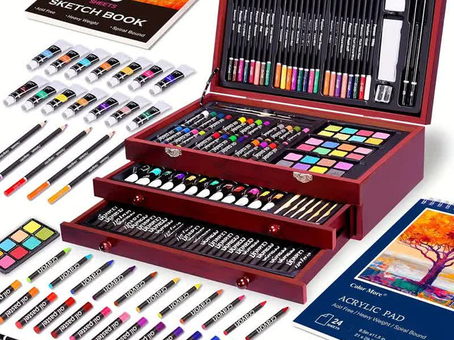 Black 175-Piece Deluxe Art Set with 2 Drawing Boards, Wax Crayons, Acrylic Paints, Colored Pencils, Wooden Storage Case – Professional Painting Kit, Art Supplies, Ideal Gift for Christmas, Halloween, and Back-to-School Season