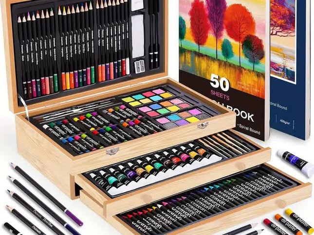 Wood color 175-Piece Deluxe Art Set with 2 Drawing Boards, Wax Crayons, Acrylic Paints, Colored Pencils, Wooden Storage Case – Professional Painting Kit, Art Supplies, Ideal Gift for Christmas, Halloween, and Back-to-School Season