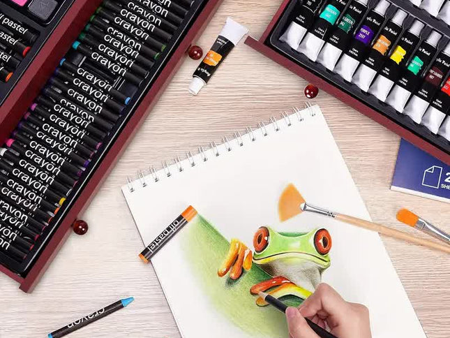 Cherry red 175-Piece Deluxe Art Set with 2 Drawing Boards, Wax Crayons, Acrylic Paints, Colored Pencils, Wooden Storage Case – Professional Painting Kit, Art Supplies, Ideal Gift for Christmas, Halloween, and Back-to-School Season