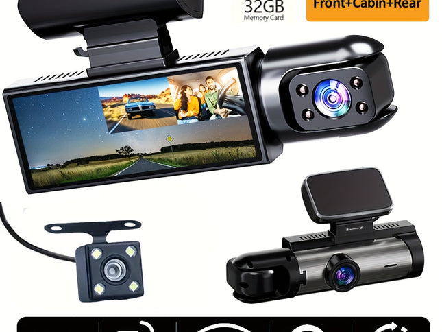 Super Memory Triple Cam Dash Cam! 32GB storage + 1080P HD triple lens, 170° panoramic coverage of front, cabin, and rear, 24/7 protection for your safe journey.