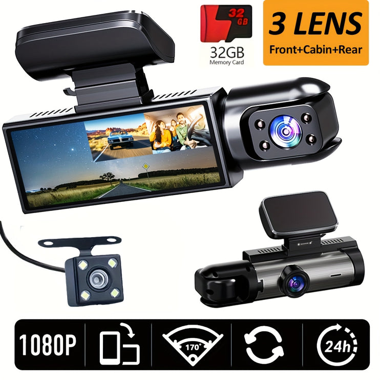 Super Memory Triple Cam Dash Cam! 32GB storage + 1080P HD triple lens, 170¬¨¬®¬¨¬Æ¬¨¬®¬¨√Ü‚Äö√Ñ√∂‚àö√ë‚àö‚àÇ‚Äö√†√∂‚Äö√Ñ‚Ä†‚Äö√†√∂¬¨‚Ñ¢ panoramic coverage of front, cabin, and rear, 24/7 protection for your safe journey.