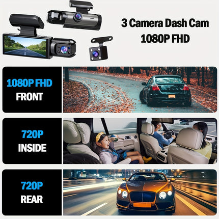 Super Memory Triple Cam Dash Cam! 32GB storage + 1080P HD triple lens, 170° panoramic coverage of front, cabin, and rear, 24/7 protection for your safe journey.