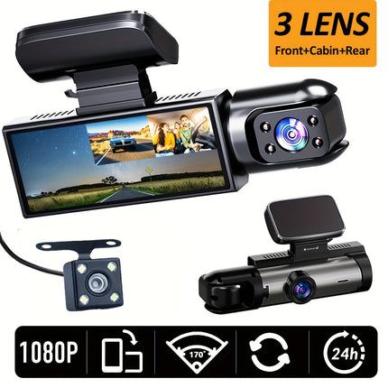 Super Memory Triple Cam Dash Cam! 32GB storage + 1080P HD triple lens, 170° panoramic coverage of front, cabin, and rear, 24/7 protection for your safe journey.