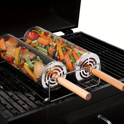2-Pack Stainless Steel Rotating Grill Baskets with Removable Wooden Handle ‚Äì Durable 304 Mesh for Veggies, Prawns & More ‚Äì Perfect for BBQ, Camping & Outdoor Cooking, Great Gift for Dad or Husband