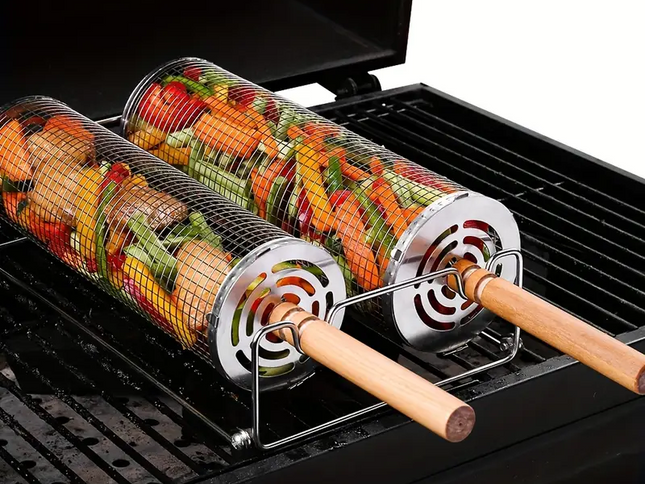 2-Pack Stainless Steel Rotating Grill Baskets with Removable Wooden Handle ‚Äì Durable 304 Mesh for Veggies, Prawns & More ‚Äì Perfect for BBQ, Camping & Outdoor Cooking, Great Gift for Dad or Husband