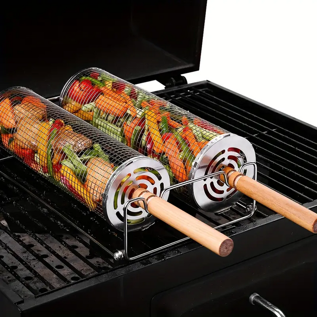 2-Pack Stainless Steel Rotating Grill Baskets with Removable Wooden Handle ‚Äö√Ñ√¨ Durable 304 Mesh for Veggies, Prawns & More ‚Äö√Ñ√¨ Perfect for BBQ, Camping & Outdoor Cooking, Great Gift for Dad or Husband