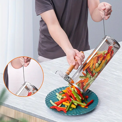 2-Pack Stainless Steel Rotating Grill Baskets with Removable Wooden Handle ‚Äì Durable 304 Mesh for Veggies, Prawns & More ‚Äì Perfect for BBQ, Camping & Outdoor Cooking, Great Gift for Dad or Husband