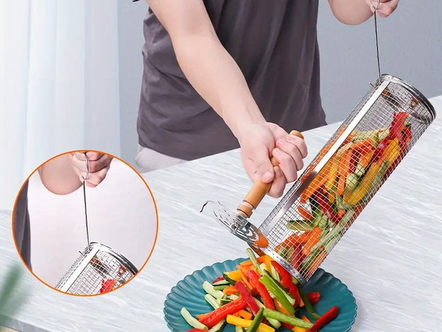 2-Pack Stainless Steel Rotating Grill Baskets with Removable Wooden Handle ‚Äì Durable 304 Mesh for Veggies, Prawns & More ‚Äì Perfect for BBQ, Camping & Outdoor Cooking, Great Gift for Dad or Husband