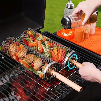 2-Pack Stainless Steel Rotating Grill Baskets with Removable Wooden Handle ‚Äì Durable 304 Mesh for Veggies, Prawns & More ‚Äì Perfect for BBQ, Camping & Outdoor Cooking, Great Gift for Dad or Husband