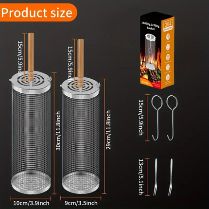 2-Pack Stainless Steel Rotating Grill Baskets with Removable Wooden Handle ‚Äì Durable 304 Mesh for Veggies, Prawns & More ‚Äì Perfect for BBQ, Camping & Outdoor Cooking, Great Gift for Dad or Husband