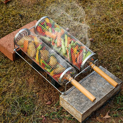 2-Pack Stainless Steel Rotating Grill Baskets with Removable Wooden Handle ‚Äì Durable 304 Mesh for Veggies, Prawns & More ‚Äì Perfect for BBQ, Camping & Outdoor Cooking, Great Gift for Dad or Husband