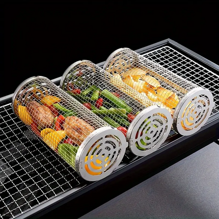 2-Pack Stainless Steel Rotating Grill Baskets with Removable Wooden Handle ‚Äì Durable 304 Mesh for Veggies, Prawns & More ‚Äì Perfect for BBQ, Camping & Outdoor Cooking, Great Gift for Dad or Husband