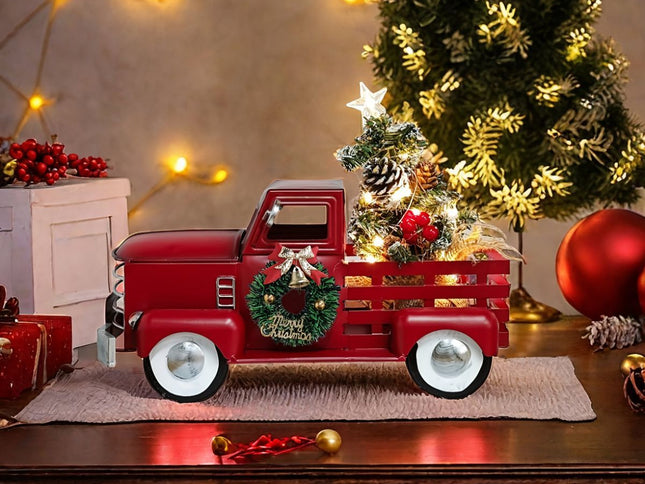 Iron Red Truck Ornament with LED Christmas Tree ‚Äì Large