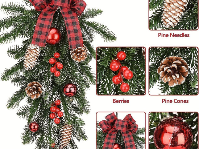 Christmas Garland with Pinecones, Berries & Plaid Bow ‚Äì Green
