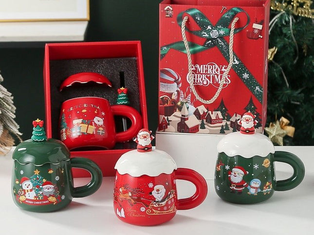 Christmas mug, ceramic mug, mug with lid and spoon, Santa Claus mug, festive decor, Christmas gift, Australian gift, holiday mug - Colors are random. - Size Fan