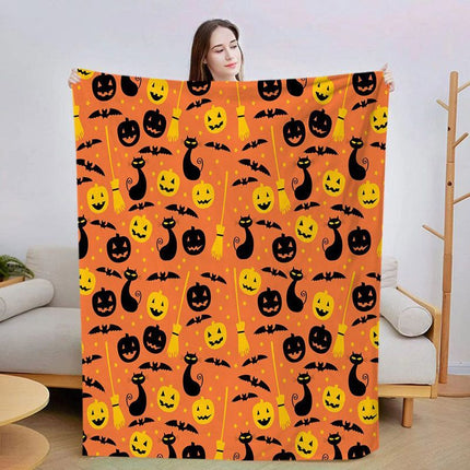 Halloween Throw Blanket Cozy Microfiber Blanket Soft Flannel Throw Festive Home Pumpkin Cat and bat - Orange - Size 150cm*200cm