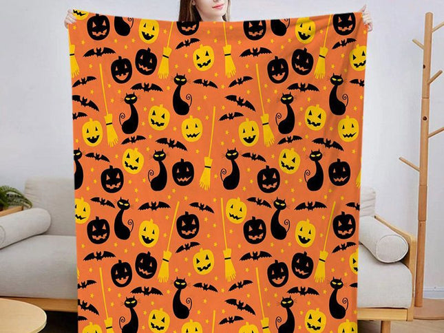 Halloween Throw Blanket Cozy Microfiber Blanket Soft Flannel Throw Festive Home Pumpkin Cat and bat - Orange - Size 180cm*200cm