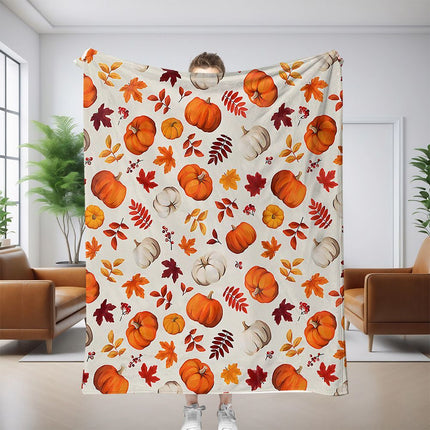 Halloween Throw Blanket Cozy Microfiber Blanket Soft Flannel Throw Festive Home Pumpkin Leaves - White - Size 150cm*200cm