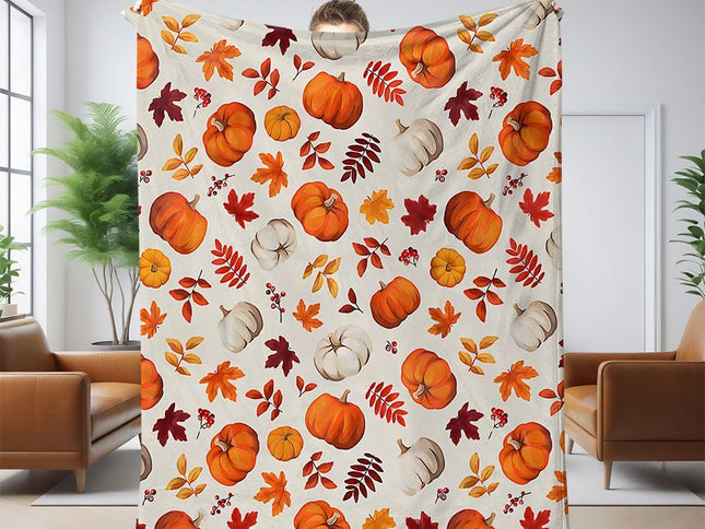 Halloween Throw Blanket Cozy Microfiber Blanket Soft Flannel Throw Festive Home Pumpkin Leaves - White - Size 180cm*200cm