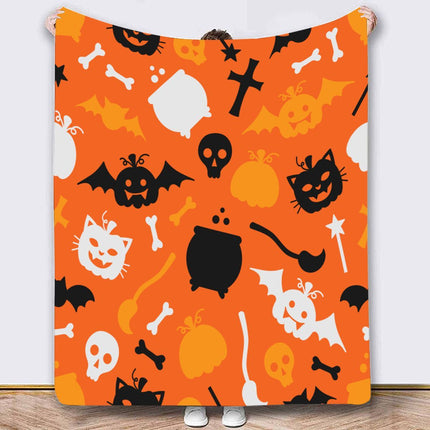 Halloween Throw Blanket Cozy Microfiber Blanket Soft Flannel Throw Festive Home Pumpkin Bat - Orange - Size 150cm*200cm