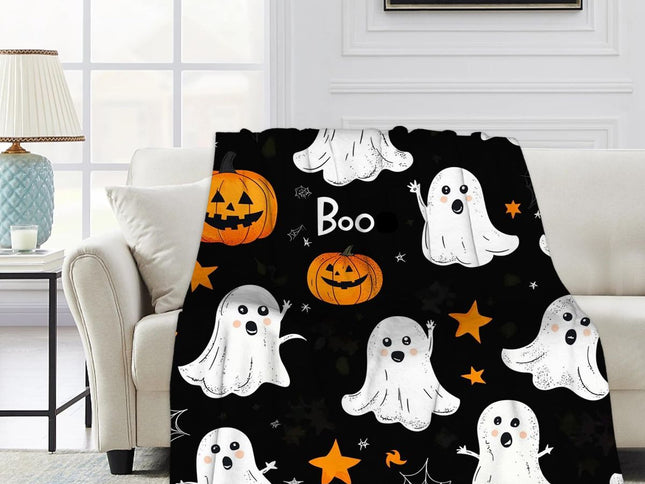 Halloween Throw Blanket Cozy Microfiber Blanket Soft Flannel Throw Festive Home Pumpkin Bat - Orange - Size 180cm*200cm