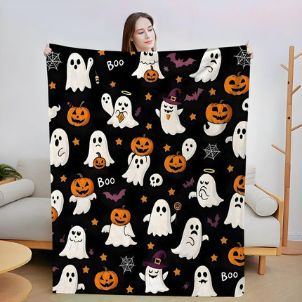Halloween Throw Blanket Cozy Microfiber Blanket Soft Flannel Throw Festive Home Pumpkin Ghost - Black - Size 150cm*200cm