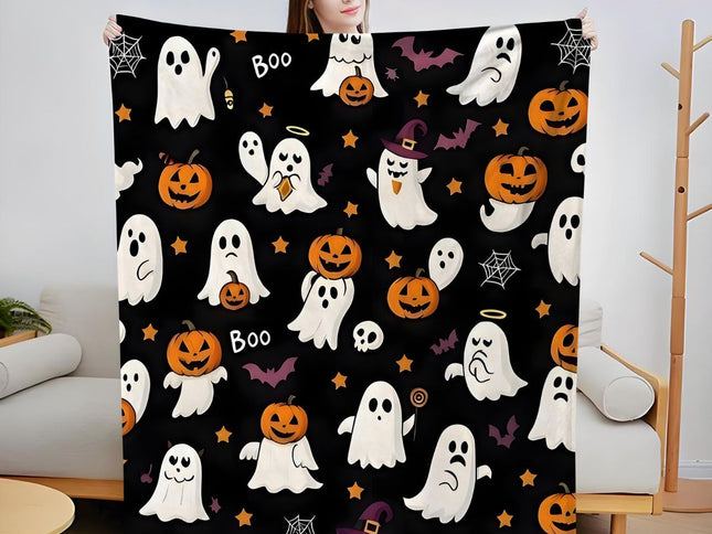 Halloween Throw Blanket Cozy Microfiber Blanket Soft Flannel Throw Festive Home Pumpkin Ghost - Black - Size 150cm*200cm