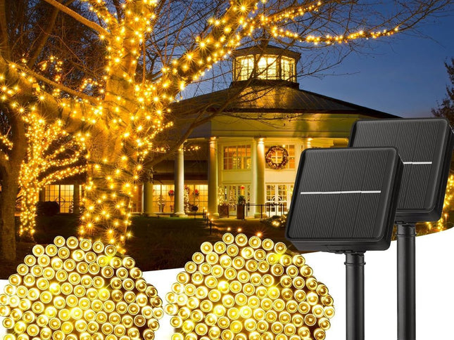 Solar String Lights Outdoor, 2 Pack LED Solar Outdoor Lights | Solar Fairy Lights with 8 Lighting Modes, Waterproof Solar Christmas Halloween  Lights for Outside Tree Garden Balcony Gazebo Party - Warm White - Size 105ft 300-LED String Light