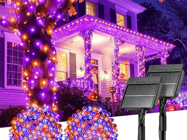 Solar String Lights Outdoor, 2 Pack LED Solar Outdoor Lights | Solar Fairy Lights with 8 Lighting Modes, Waterproof Solar Christmas Halloween  Lights for Outside Tree Garden Balcony Gazebo Party - Orange Purple - Size 105ft 300-LED String Light