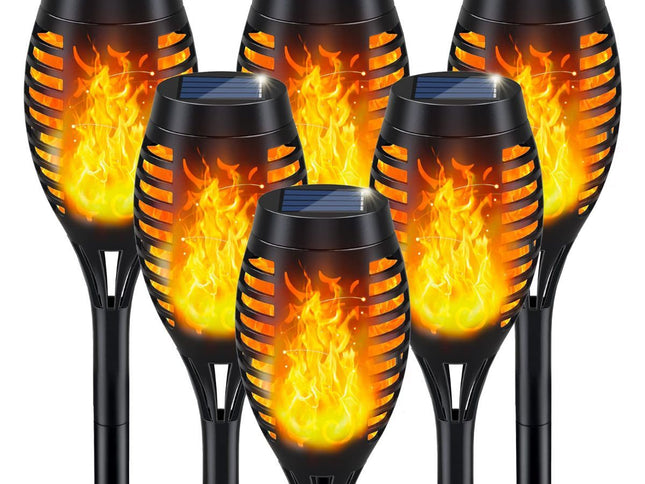 Solar Torch Light with Flickering Flame for Halloween Decorations | Solar Lights Outdoor for Halloween Decor, Waterproof Solar Garden Lights, Flame Torches for Outside Garden Patio Pathway Yard 33-LED Flame Light - Black - Size 12 Pack