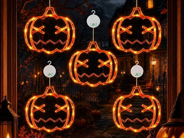5 Pack Halloween Pumpkin Window Lights, Battery-Powered | Halloween Decorations with Suction Cups, 8 Color-Changing Modes, and Timer Function - Orange