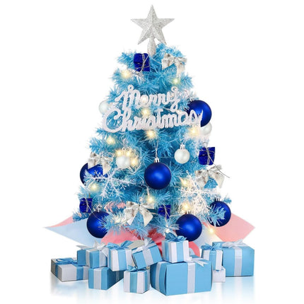 With LED String Light, Mini Christmas Tree, Tabletop Artificial Christmas Tree with Ornaments – Perfect for Home Indoor Decor, Living Room, Bedroom, Office Desk, Mantelpiece, Windowsill, Party Centerpiece and Holiday Display - Blue - Size 45cm