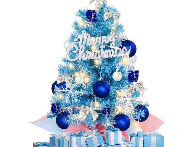 With LED String Light, Mini Christmas Tree, Tabletop Artificial Christmas Tree with Ornaments – Perfect for Home Indoor Decor, Living Room, Bedroom, Office Desk, Mantelpiece, Windowsill, Party Centerpiece and Holiday Display - Blue - Size 45cm