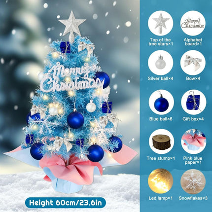 With LED String Light, Mini Christmas Tree, Tabletop Artificial Christmas Tree with Ornaments – Perfect for Home Indoor Decor, Living Room, Bedroom, Office Desk, Mantelpiece, Windowsill, Party Centerpiece and Holiday Display - Blue - Size 45cm