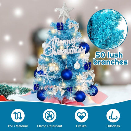 With LED String Light, Mini Christmas Tree, Tabletop Artificial Christmas Tree with Ornaments – Perfect for Home Indoor Decor, Living Room, Bedroom, Office Desk, Mantelpiece, Windowsill, Party Centerpiece and Holiday Display - Blue - Size 45cm