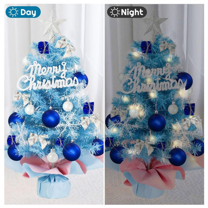With LED String Light, Mini Christmas Tree, Tabletop Artificial Christmas Tree with Ornaments – Perfect for Home Indoor Decor, Living Room, Bedroom, Office Desk, Mantelpiece, Windowsill, Party Centerpiece and Holiday Display - Blue - Size 60cm